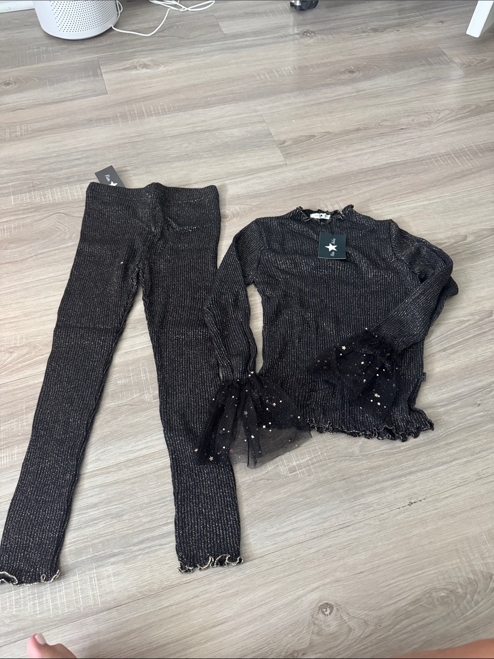 Petite Hailey Girls' Black Shimmer Ribbed Matching Leggings Set